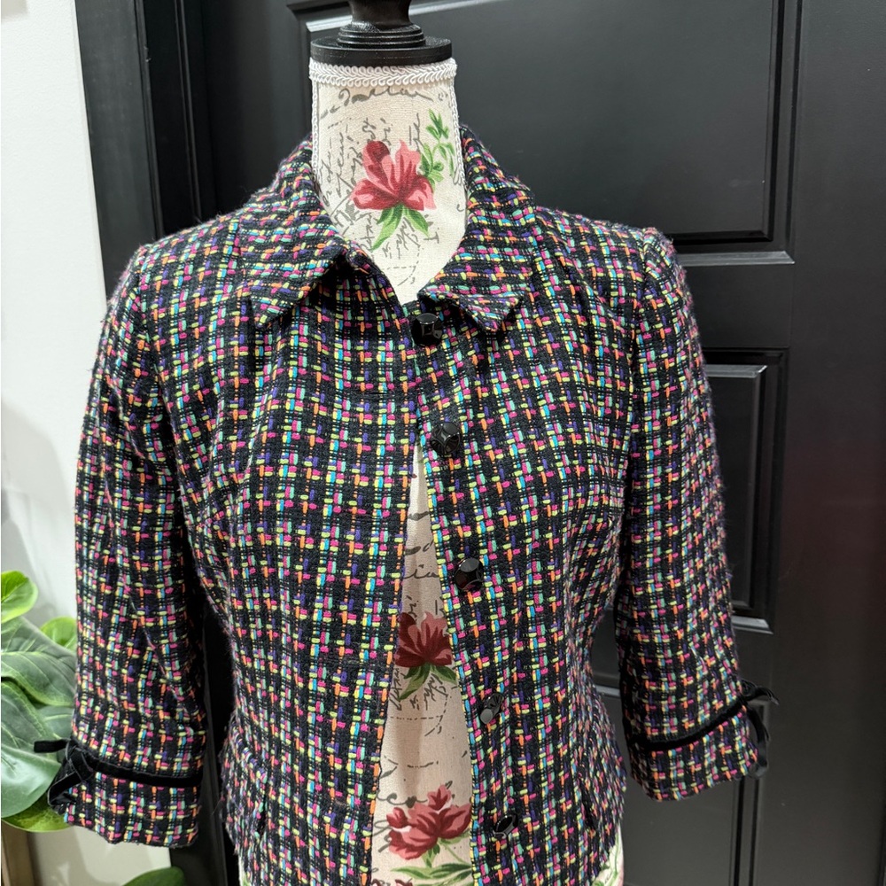 London Times Multicolor Tweed Crop Jacket - Black Base with Pink & Blue Accents - Picture 4 of 9